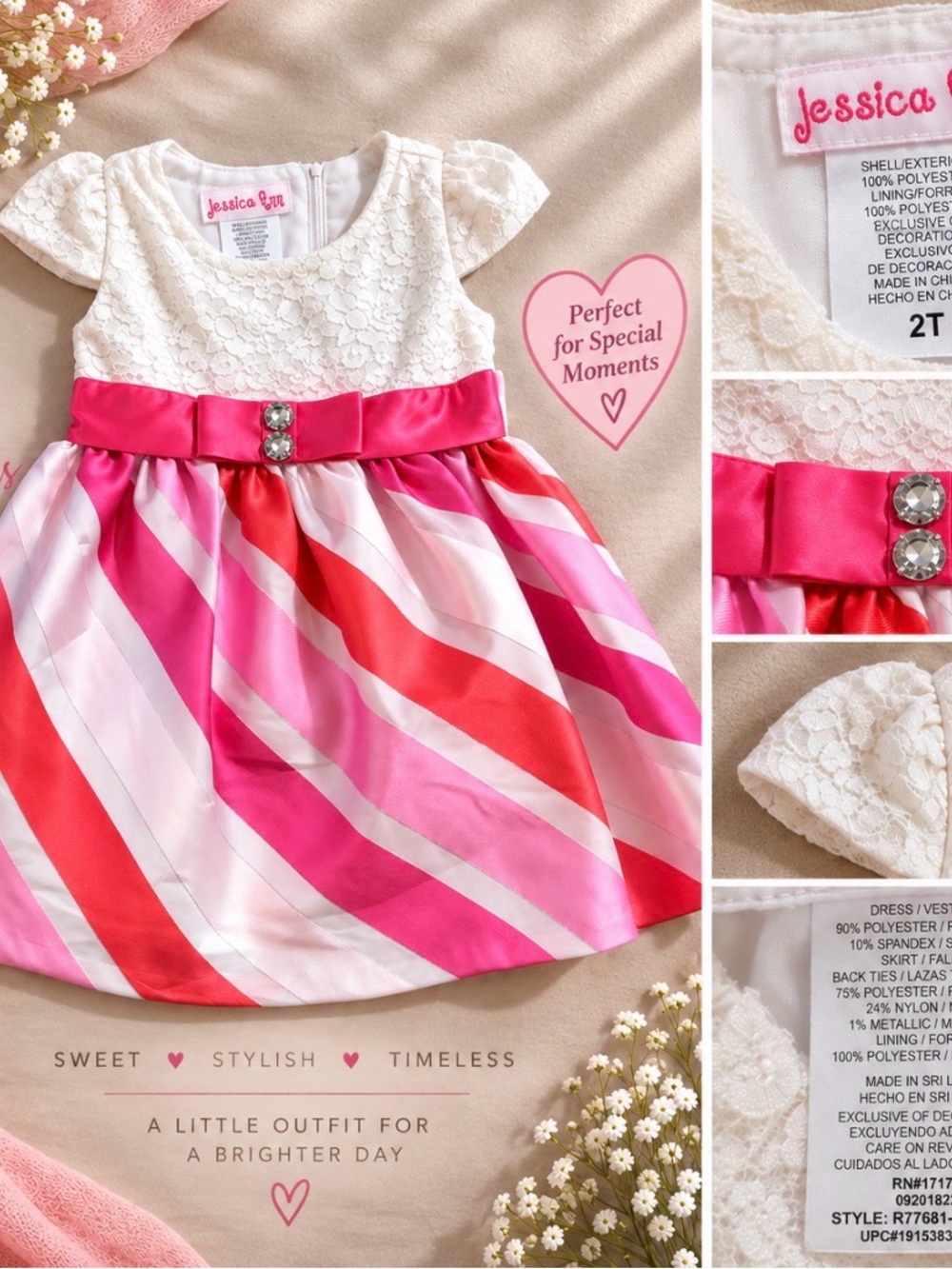Jessica Ann Pink, Fuchsia & White Lace Bodice Striped Satin Dress